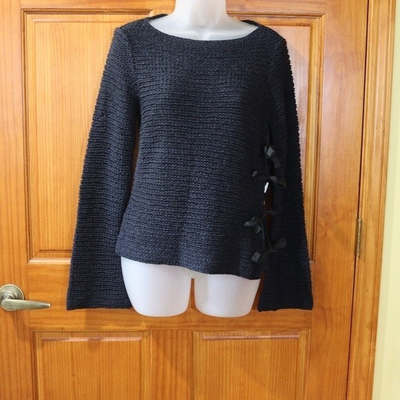 Anne Klein Black Open Weave Knit Sweater With Tie Side LG - Picture 2 of 14